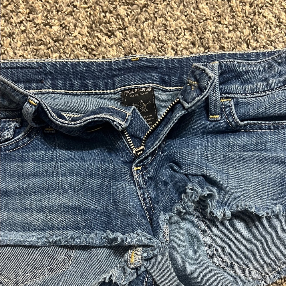 True Religion Women's Distressed Blue Jean Shorts